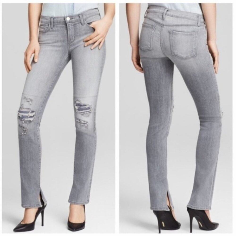 J Brand Jeans Rail Mid-Rise Distressed Denim Split Hem Grey Denim 811 size 27